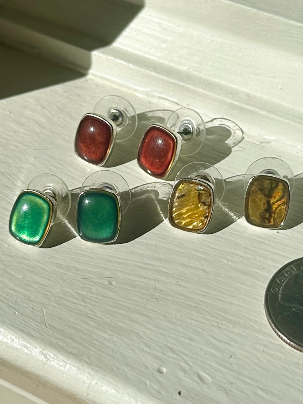 Cushion Stud Earring Trio in Brown, Green, and Yellow